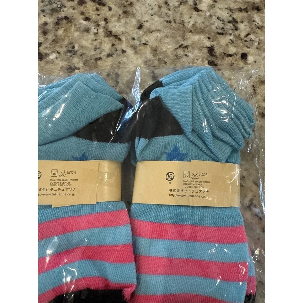 tutuanna Ankle Socks,‎ Pink with Pink  and Blue Stripes, 10 pairs. (4290)